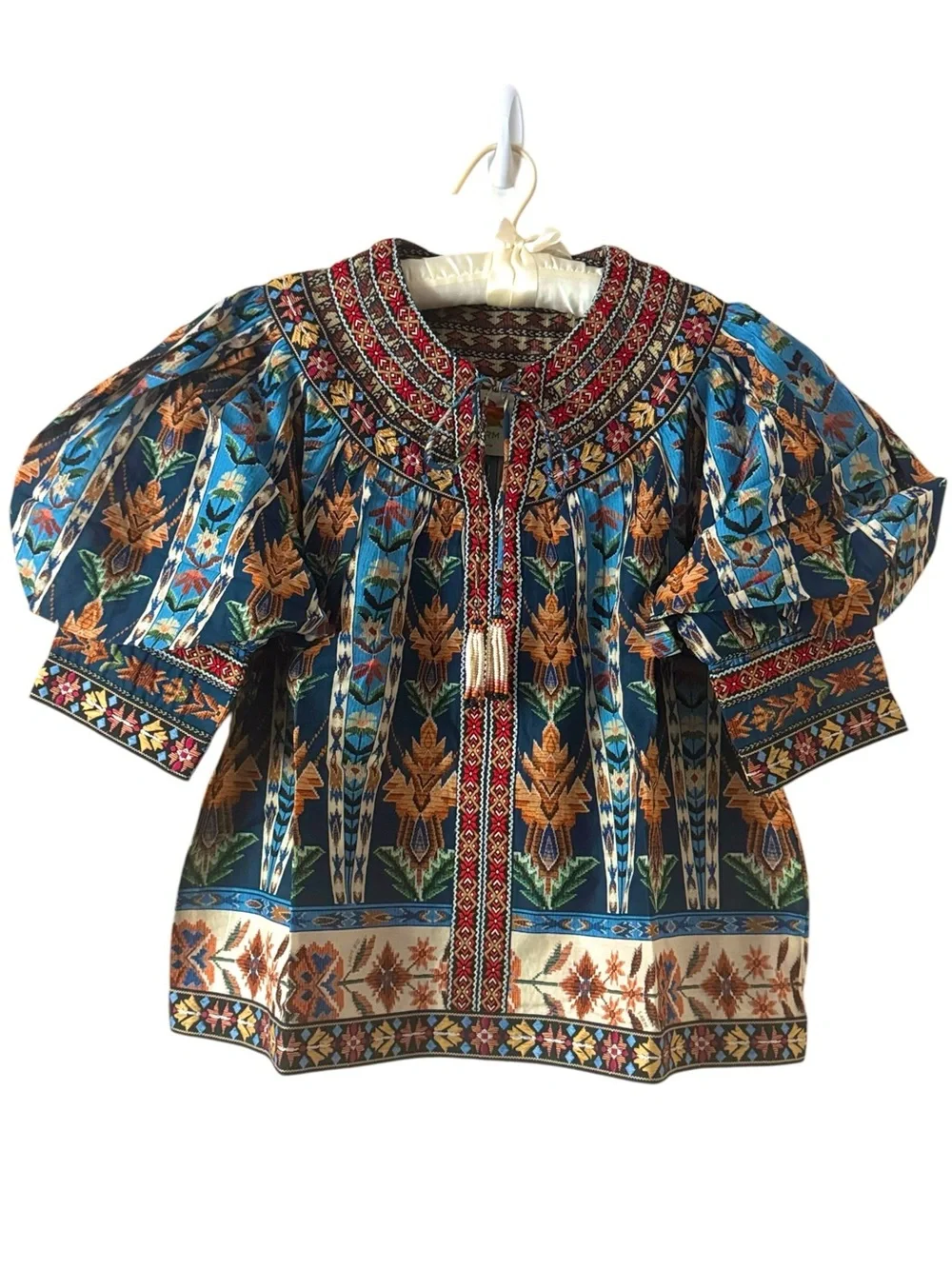 NWT FARM Rio Embroidered Tapestry Blue Short Sleeve Blouse Size Medium